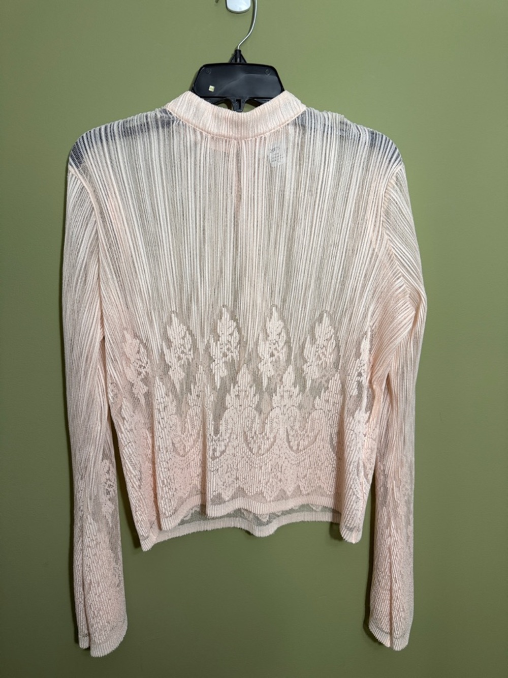 Bar III Pale Blush Sheer Lace-Trim Long Sleeve Top